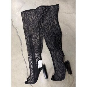 Bamboo Black Floral Lace Thigh High Peep Toe Block Heel Boots Size 7 EU 37